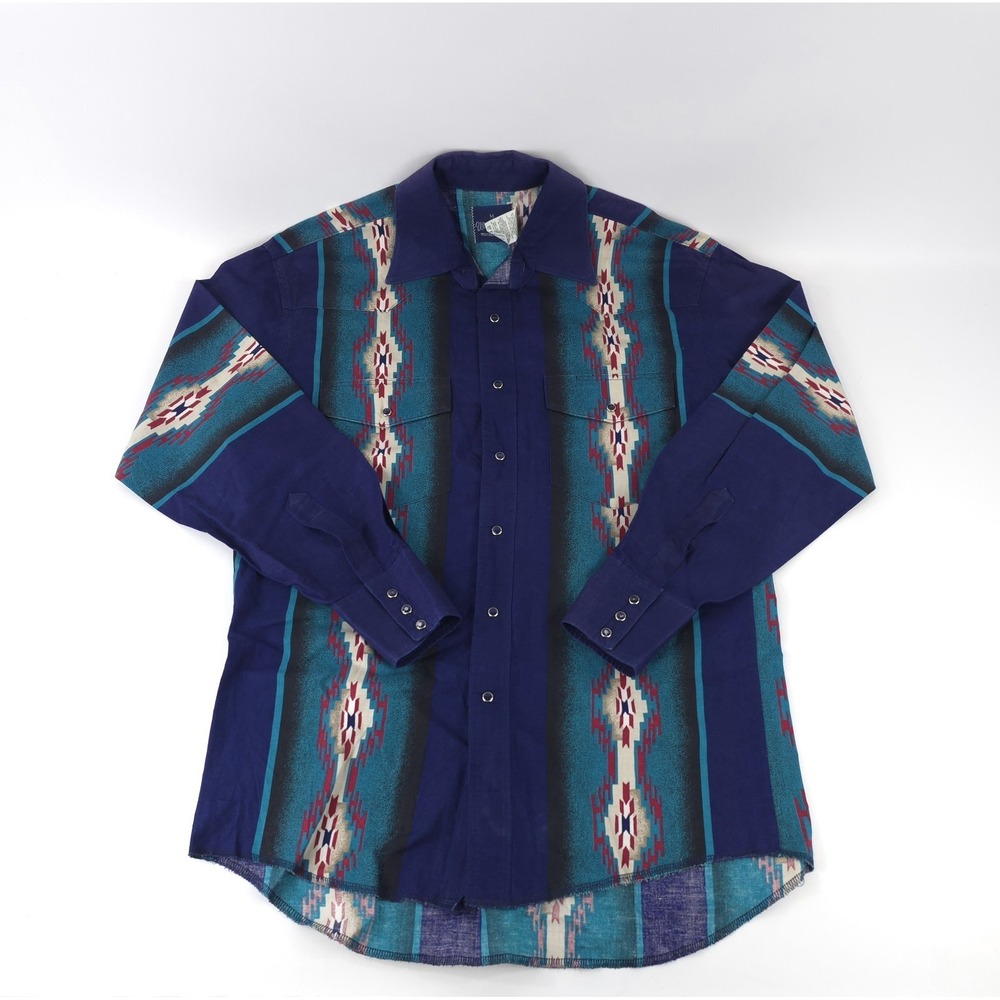 Vintage Wrangler Shirt M Blue Green Western Brushpopper Aztec Rodeo Cowboy Men